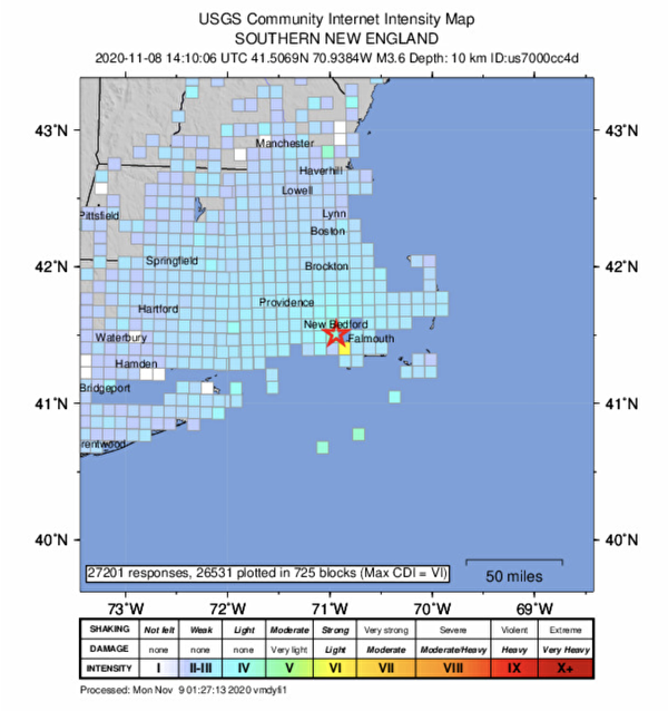 麻州东部11月8日上午发生3.6级地震