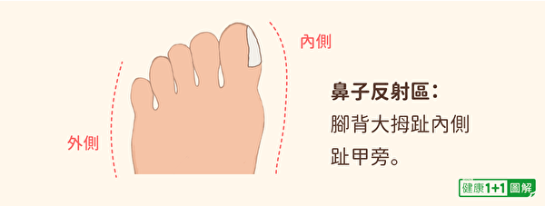 按摩脚背的鼻子反应区，改善鼻过敏。（健康1+1／大纪元）