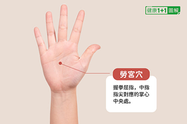 勞宮穴位於握拳屈指，中指指尖對應的掌心中央處，有保養心臟的功效。（健康1+1／大紀元）