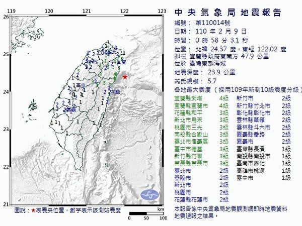 台湾东部海域连续两地震规模5以上