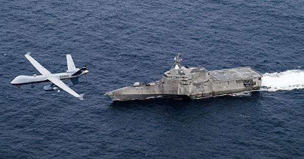 4月21日，美軍MQ-9無人機與濱海戰鬥艦科羅納多號（LCS 4）在太平洋演練。中共海軍還沒有適應低端航母的作戰，美軍已經著眼於未來海戰。（美國海軍）