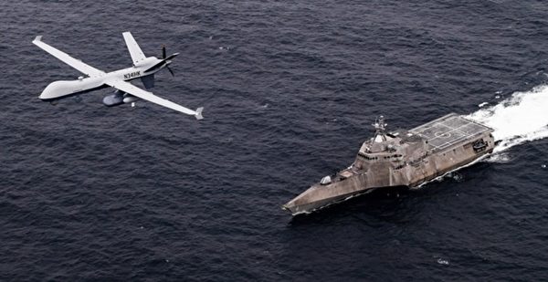 2021年4月21日，美軍的MQ-9無人機和獨立級濱海戰鬥艦科羅納多號（LCS 4）聯合演練。（美國海軍）