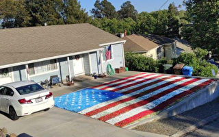 美国退伍军人前院草坪上喷绘巨大国旗