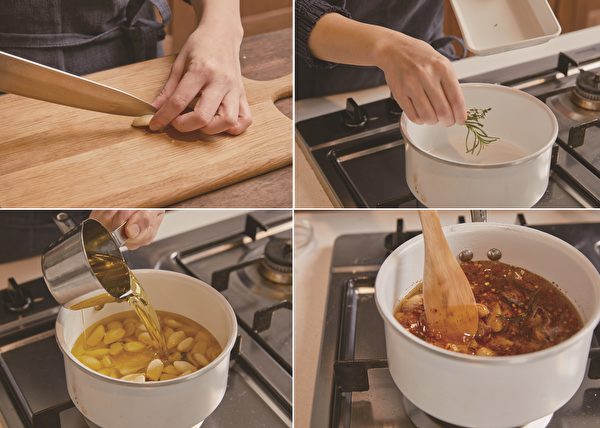将迷迭香、百里香、大蒜及橄榄油倒入锅中熬煮，最后再加入碎辣椒后关火。（联经提供）