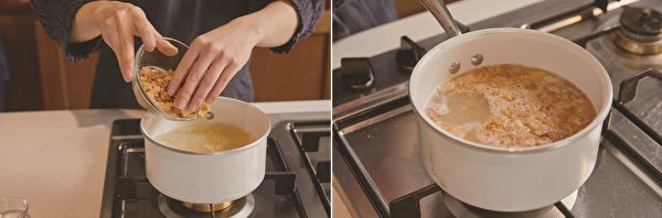 锅巴倒入鸡汤，稍微熬煮后再用盐调味。（联经提供）