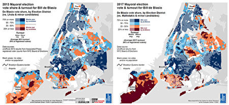 紐約市在2013年和2017年市長選舉中，投票給民主、共和兩黨候選人的情況。民主黨候選人獲票高於對手的，以藍色顯示，比例越高顏色越深。共和黨反之亦然，以紅色顯示。