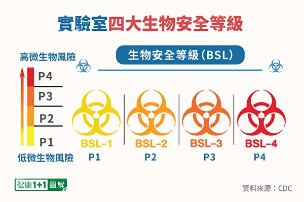 實驗室等級分類中，P3實驗室為第三等級，風險第二高。（健康1+1／大紀元）