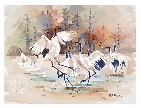 《鹤舞》这幅画，孙少英则说，一般构图多以静态景物为主，假若在画面中加上适度的动感，画面则活泼有趣。