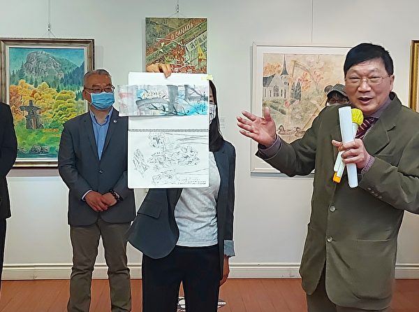 圖：藝術家甘錦城的膠彩畫個展5月份正在台加藝廊展出，甘老師作畫時要先打底稿，構思好了才正式上畫。（邱晨/大紀元）