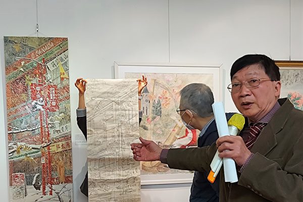 图：艺术家甘锦城的胶彩画个展5月份正在台加艺廊展出，图为画家讲述唐人街雪景的创作过程。（邱晨/大纪元）