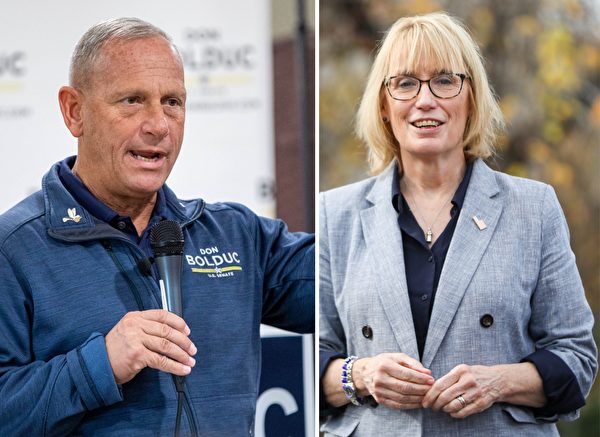 美國新罕布什爾州共和黨參議員候選人唐·博爾達克（左，Don Bolduc ）於 2022 年 10 月 15 日在新罕布什爾州德里舉行的競選活動中講話。 美國參議員瑪吉·哈桑（右，Maggie Hassan）於 2022 年 11 月 6 日在新罕布什爾州納舒厄舉行的競選活動中登台。(Scott Eisen/Getty Images)