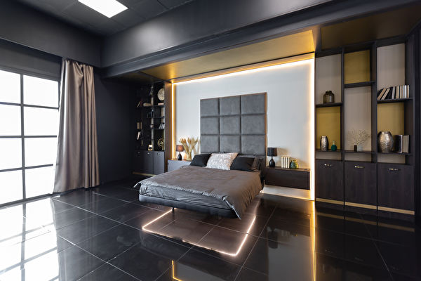 Dark Modern Stylish Male Apartment Interior With Lighting Decorative Walls