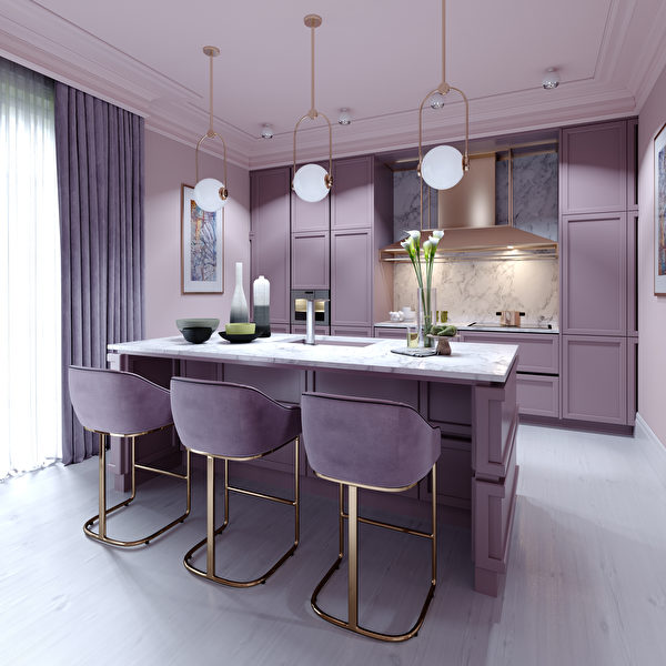 Kitchen Counter With Three Chairs In Lilac Color In A
