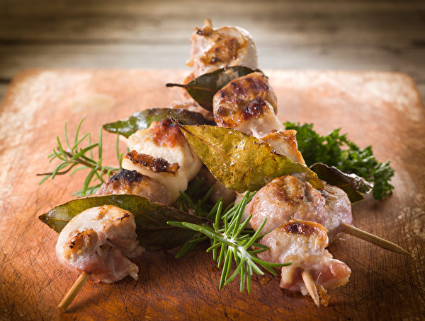 Mixed Meat Skewer On Wooden Background