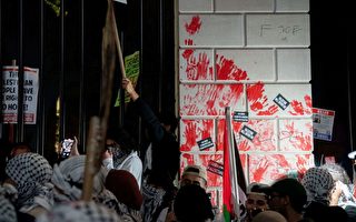 挺巴勒斯坦 抗議人群聚集白宮潑漆破壞圍欄