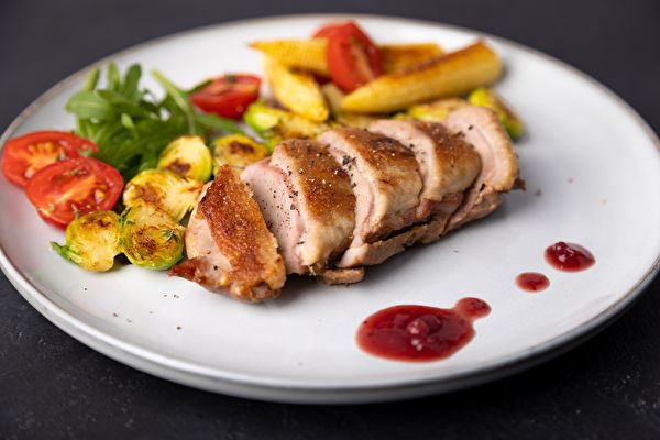 Grilled Duck Breast Fillet With Brussels Sprouts Mini Corn Cherry