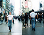 汪達林穿著文化衫走在街上（2004年4月3日照於武漢，汪達林提供圖片）