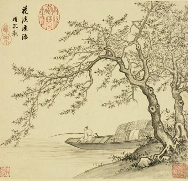 明 项圣谟《山水册.桃花钓船》。(公有领域)