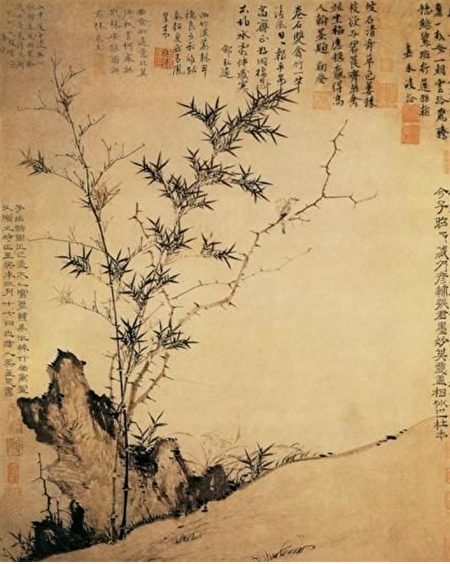 元 张彦辅《棘竹幽禽图轴》。(公有领域)