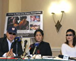 王文怡医生(中)和两位活摘法轮功器官的证人4月26日在一次新闻发布会上。(NICHOLAS KAMM/AFP/Getty Images)