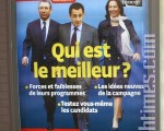 巴黎地铁里一家杂志广告印有三位主要总统候选人的照片。黄颜色文字意为：谁是最好的。（记者章乐摄影/大纪元）