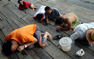 圖片趣聞：瓊海市民扒在木板上釣魚