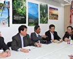 左起为陈森、邦君雄、东姑雅铭、陈亚汉、温明康和梁丽卿在4月2日的记者会上。(摄影：史静/大纪元)