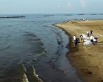美國政府表示，每天從墨西哥灣發生爆炸的油井洩漏的石油在3萬5千桶到6萬桶之間。圖為6月16日在路易斯安那州格蘭德島，油污清潔承辦商清洗被污染的海灘。(Photo by Spencer Platt/Getty Images)