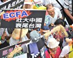 2010年6月26日台湾数千名抗议者上街游行示威，反对ECFA（两岸经济合作框架协议）。舆论关注于两岸更紧密后，大陆经济、政治任何的风吹草动以及对法治、人权的漠视将严重波及台湾。（法新社）