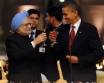 2011年10月8日美国总统奥巴马和印度总理辛格在新德里举办的招待晚宴上会晤（AFP）