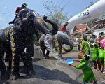 泰国4月11日举行泼水节庆祝新年，大象用鼻子将水喷向人群，享受泼水节的乐趣。(PORNCHAI KITTIWONGSAKUL/AFP)