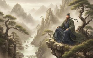 那道人在轉瞬之間已騰空而起，眨眼之間便飛到了江對岸的望仙巖上。（Gemini AI製圖）