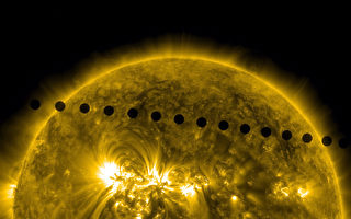 美国太空总署2012年6月5日用高倍数望远镜，直接捕捉金星经过太阳的黑影。(SDO/NASA via Getty Images)