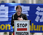 2012年7月12日，「記者無疆界」華府主任戴爾菲‧赫爾甘迪（Delphine Halgand）在「停止迫害法輪功 聲援九評退黨」國會前大集會講話。(攝影/李莎/大紀元）