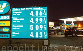 圖：南灣桑尼維爾的一家加油站，普通汽油每加侖已經高達4.87元。（攝影：李歐／大紀元）