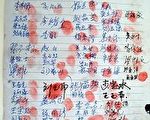 劉維斌、李恆良、劉麗英、劉海濤所在村的村民們以及蓋永傑的親朋在請願書上簽名，要求放人。上述圖片僅為部份圖片。（圖片來源：明慧網）