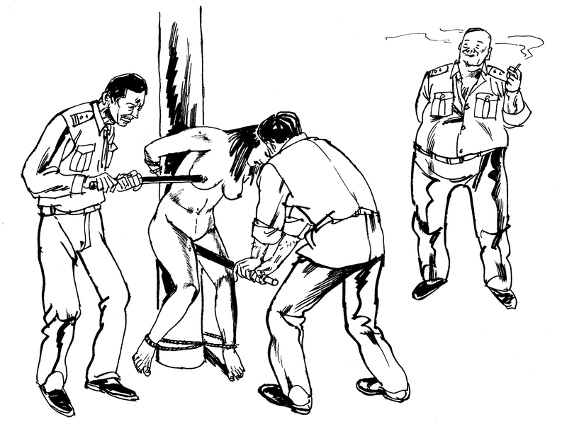 中共酷刑示意图:性虐待, 恶警用电棍电击法轮功女学员的乳房、阴部,把电棍插入妇女阴道内电击,连未婚的姑娘也不放过。(图片来源:明慧网)