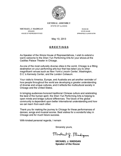 伊州眾議院議長麥迪根首次發來親筆賀信，祝福神韻藝術團2013年在芝加哥的演出。