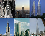巴克莱资本最近公布的报告显示，摩天大楼的兴建是金融泡沫出现的征兆。图为全球几大著名摩天大楼档案照，上排左到右：纽约克莱斯勒大厦、帝国大厦、吉隆坡的双子塔；下排左到右：芝加哥希尔斯大厦、纽约世贸中心双子塔、迪拜塔。（合成图片/大纪元）