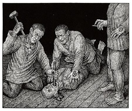 俄国人丹齐克‧巴尔丹夫根据亲身经历和采访所创作的《来自古拉格的图画》：苏联囚犯遭钉嘴。（网络图片）