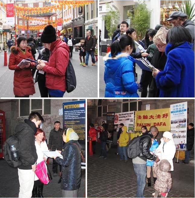 中国新年期间,法轮功学员在伦敦唐人街炼功、讲真相、揭露中共迫害,劝三退。(明慧网)