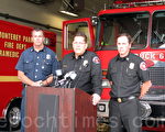 图：周四，蒙市消防局长Jim Birrell（中）和阿罕布拉消防局长 Bill Walker（右）联合召开新闻会宣布：15人中唯一一名重伤员已经从“危急”转为“稳定”。（刘菲/大纪元）