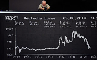德國股市5日受歐洲央行宣布降息影響，盤中一度漲破萬點關卡，但隨後回落，終場收在9947.83點。(Thomas Lohnes/Getty Images)