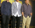 导演庄文强（左起）、古天乐、导演麦兆辉出席3人《窃听风云3》在台上映记者会。（凯擘影艺提供）