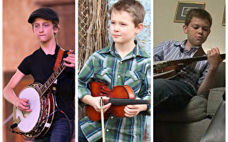 近年來令美國人著迷的弦樂小天才強尼•米宗（左）、卡森•彼得斯（中）和蓋文•拉金特（右）。（大紀元合成圖）