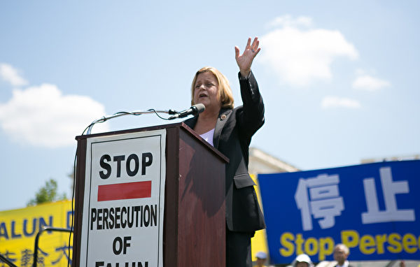 佛羅里達州國會眾議員伊麗娜•蘿斯-萊赫蒂寧（Ileana Ros-Lehtinen）於2014年7月17日在美國首都華盛頓國會山西草坪舉行的集會上演講。(李莎/大紀元）
