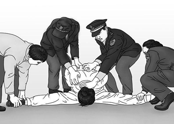 中共酷刑示意图:“大劈叉”(明慧网)