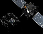 德国无人科学探测器菲莱（Philae）登陆彗星，并成功回传科学讯号至地面指挥中心。图示描绘无人科学探测器菲莱成功分离后下降到彗星。（ESA via Getty Images）