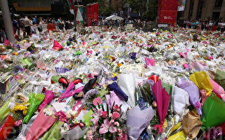 马丁广场纪念死难人质的如海似潮的鲜花将在雨天到来之前被移走，用于由遇难者家属选定的纪念场地的护盖物。（摄影：何蔚/大纪元）