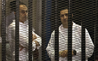 埃及前總統穆巴拉克的兩個兒子阿拉（右）和加瑪爾（左）26日獲釋等候貪污案重審。圖為兩人2013年12月因貪汙案出庭。(KHALED DESOUKI/AFP)